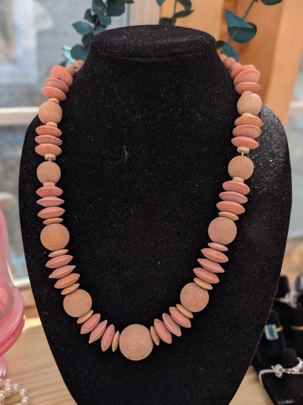 Vintage Wood Bead Necklace with Pale Pink & Natural Round and Disc Beads